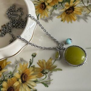 Ann Taylor Pendant Necklace Green Glass & Quality Silver-tone Chain Signed
